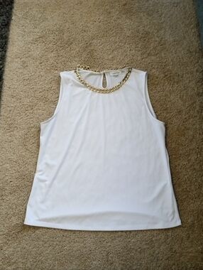 Calvin Klein White Sleeveless Top with Gold Chain Accent